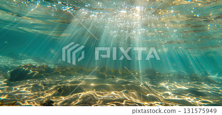Sunlight rays underwater with sparkling reflections 131575949