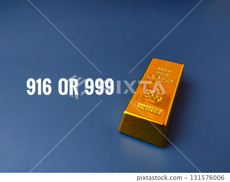 The image presents a question about gold purity 916 OR 999, alongside a gold bar on a blue background. 131576006