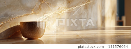 Golden textured bowl on polished marble surface with beige background 131576034