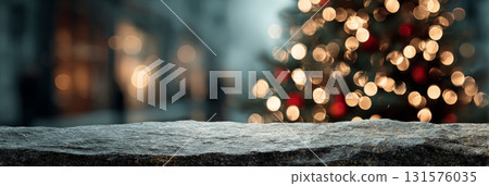 Empty stone tabletop with blurred Christmas trees and glowing festive lights in background 131576035