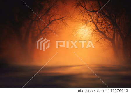 Foggy forest landscape with trees silhouetted against orange glow and deep shadows Foggy forest landscape with trees silhouetted against orange glow and deep shadows 131576040