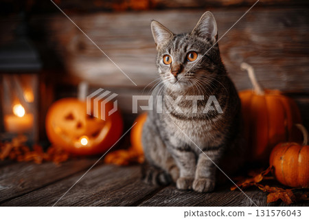 Cat sitting on wooden surface among pumpkins, autumn leaves and lantern with candlelight Cat sitting on wooden surface among pumpkins, autumn leaves and lantern with candlelight 131576043