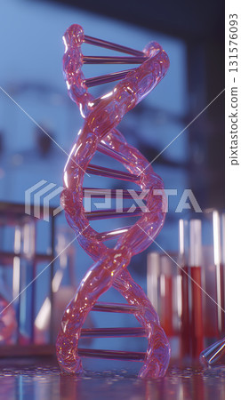 Pink glass DNA model with double helix structure detailed and transparent illuminated modern laboratory setting scientific molecular research 131576093