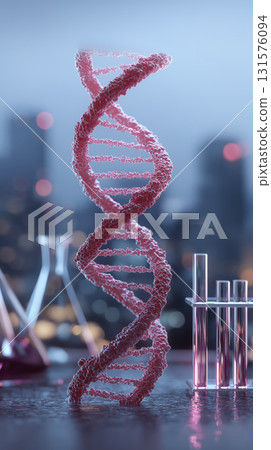 Detailed 3D render of pink DNA double helix model with blurred laboratory background, symbolizing genetics and scientific research, with 131576094
