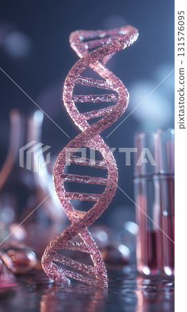 Detailed close up of pink, glittery DNA double helix model with laboratory glassware background, symbolizing genetics and scientific research 131576095