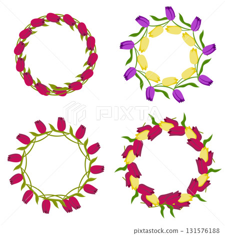 Set of tulip wreaths. Floral element for your design. Vector illustration isolated on white background. Set of tulip wreaths. Floral element for your design. Vector illustration isolated on white background. 131576188