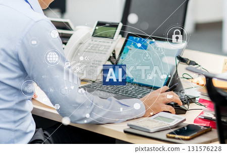 Concept image of digital transformation of office work through the use of AI and DX promotion Concept image of digital transformation of office work through the use of AI and DX promotion 131576228