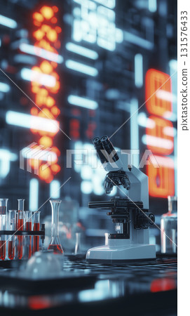 Microscope and lab equipment present feeling of intense scientific research and discovery in this futuristic environment 131576433