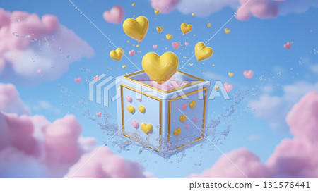Cartoon box floats happily amid fluffy clouds, radiating love with golden hearts, creating serene ambiance 131576441
