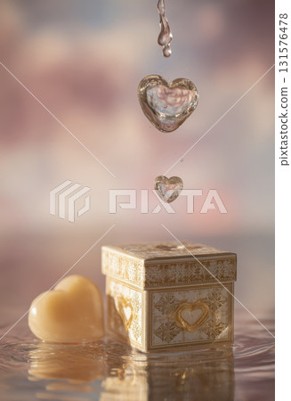 Clear water drop, reflecting light, hovers above decorative box, radiating peacefulness and calm, moment frozen in time 131576478