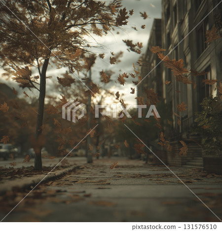 Autumn leaves falling on city sidewalk with overcast sky, creating peaceful and nostalgic atmosphere during fall season 131576510
