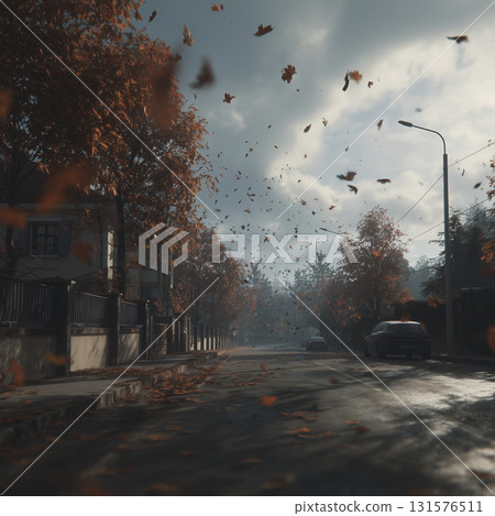 Autumn leaves blowing across quiet street with overcast sky, trees with orange foliage, parked cars, and streetlights creating peaceful fall scene 131576511