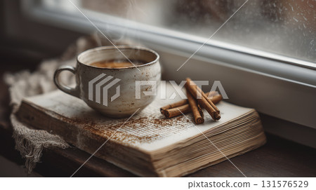 Ceramic cup filled with hot coffee placed open book with cinnamon sticks beside it, windowsill creating cozy autumn mood, warm and inviting scene 131576529