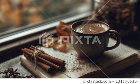 Steaming cup of hot chocolate open book with cinnamon sticks and autumn decor creates cozy, warm atmosphere perfect for relaxing indoors during 131576530