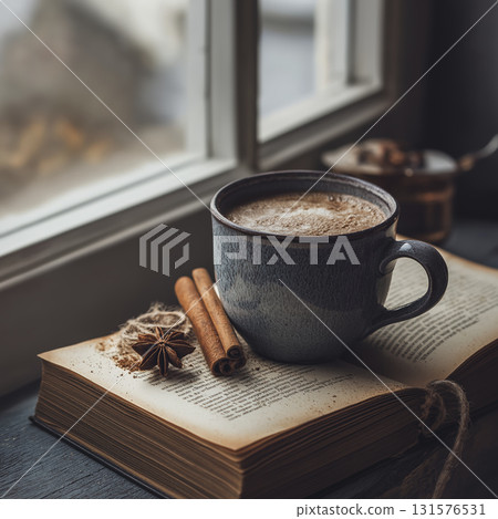 Cozy coffee cup with cinnamon sticks and star anise on open book near window, creating warm, inviting autumn mood with soft natural light 131576531