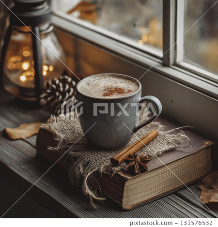Cozy scene with warm beverage ceramic mug old book near window, surrounded by cinnamon, star anise, pine cone, and autumn leaves, creating 131576532