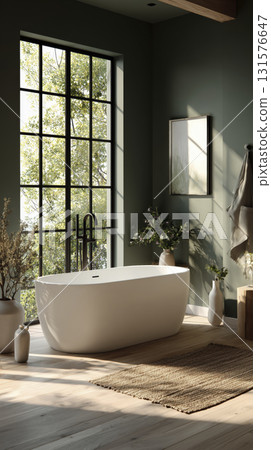 Modern bathroom with freestanding bathtub near large window with black grid frames, natural light, and greenery outside, creating calm and serene 131576647