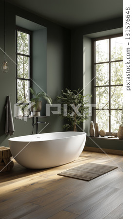 Modern bathroom with freestanding bathtub, large windows allowing natural light, green walls, and indoor plants creating calming atmosphere 131576648