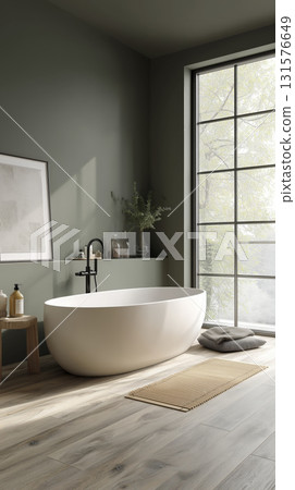 Modern minimalist bathroom with freestanding bathtub, large window, light wood flooring, and simple decor creating calm and airy atmosphere Modern minimalist bathroom with freestanding bathtub, large window, light wood flooring, and simple decor creating calm and airy atmosphere 131576649