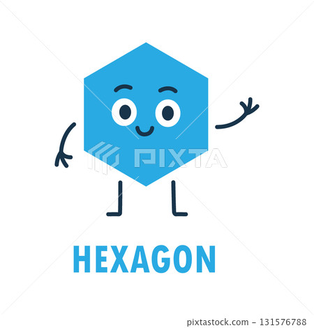 Smiling blue hexagon cartoon character with cute face, arms and legs. Vector geometric shape illustration for children learning 131576788
