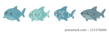 Set of sharks with smiling faces. Marine predators in colorful vector style for kids and ocean-themed designs Set of sharks with smiling faces. Marine predators in colorful vector style for kids and ocean-themed designs 131576806