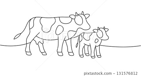 Cow with a calf. Linear art showing motherhood and rural family life 131576812