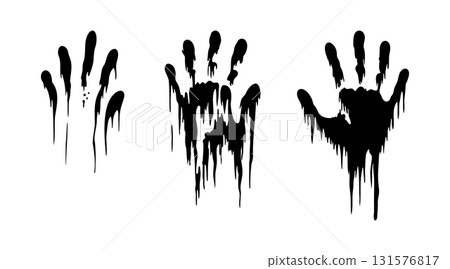 Black dripping handprints vector illustration. Horror ink silhouette effect for crime, fear, or Halloween visuals 131576817