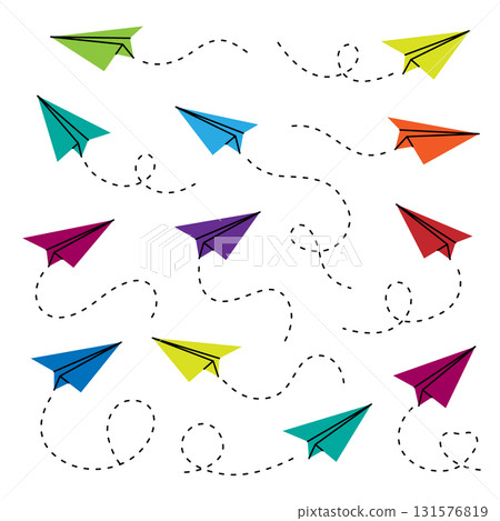 Colorful paper airplanes with dashed motion trails. Vector illustration of flying paths in vibrant cartoon style Colorful paper airplanes with dashed motion trails. Vector illustration of flying paths in vibrant cartoon style 131576819