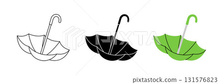 Upside down umbrella icon collection in outline, black silhouette and green color 131576823