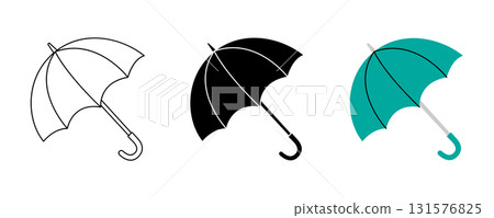 Minimal umbrella icon set with elegant curved canopy in three variations Minimal umbrella icon set with elegant curved canopy in three variations 131576825
