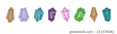 Colorful glass crystals. Gems of different shapes. Gemstones, amethyst, ruby, sapphire, emerald, topaz and quartz. Vector illustration Colorful glass crystals. Gems of different shapes. Gemstones, amethyst, ruby, sapphire, emerald, topaz and quartz. Vector illustration 131576842