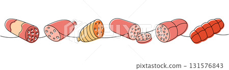 Sausage set. Butcher shop products one line colored continuous drawing. Vector illustration Sausage set. Butcher shop products one line colored continuous drawing. Vector illustration 131576843