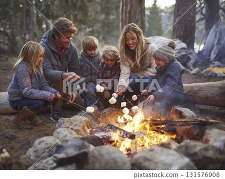 Family enjoying camping around campfire roasting marshmallows together in forest setting, smiling and sharing joyful outdoor experience, capturing warmth and bonding in nature 131576908