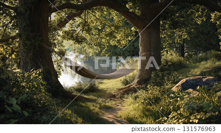 Peaceful hammock is tied between two large trees beside calm river, surrounded by lush green foliage and sunlight filtering through leaves, creating serene outdoor scene perfect for relaxation Peaceful hammock is tied between two large trees beside calm river, surrounded by lush green foliage and sunlight filtering through leaves, creating serene outdoor scene perfect for relaxation 131576963