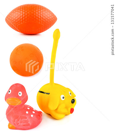 Assortment of Colorful Pet Toys on a White Background 131577041
