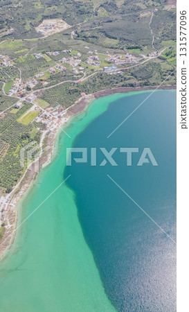 Lake Kournas aerial view color difference of water surface. 131577096