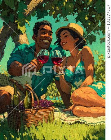 Couple enjoys a romantic picnic with wine under a sunny tree 131577317