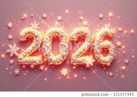 Festive glittering 2026 soft pink background decorated with pearls and sparkling snowflakes Festive glittering 2026 soft pink background decorated with pearls and sparkling snowflakes 131577345