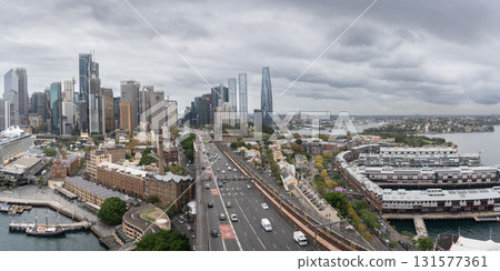 Sydney downtown panorama with high rise as seen from harbor bridge pylon, Sydney, Australia Sydney downtown panorama with high rise as seen from harbor bridge pylon, Sydney, Australia 131577361