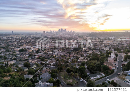 Los Angeles skyline aerial view photo downtown with palm trees at sunset in California United States 131577431