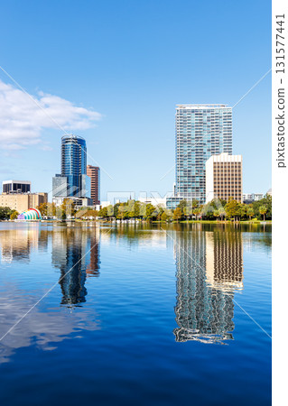 Orlando skyline at Lake Eola Park downtown in fall season portrait format in Florida in the United States 131577441