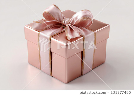 Celebration gift. Square pink box wrapped with a silver bow on white background. Jewelry, birthdays and luxury branding. Elegant packaging. 131577490