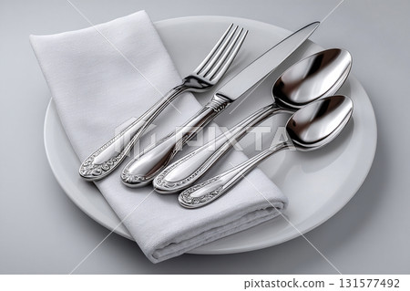 Formal dining settings. Luxurious silver cutlery set. Neatly arranged for a formal event, consisting of a fork, knife, spoon. Elegance and sophistication for dining experiences. Top view. Formal dining settings. Luxurious silver cutlery set. Neatly arranged for a formal event, consisting of a fork, knife, spoon. Elegance and sophistication for dining experiences. Top view. 131577492