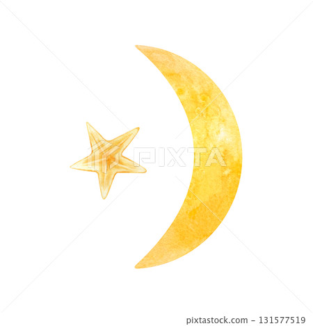 Yellow crescent half moon with golden star. Watercolor clip art isolated from background. Celestial texture element for Muslim holiday, night sky design, arabic style greeting card composition 131577519