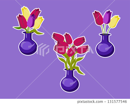 Bouquet of tulips in a vase. Set of stickers. Vector illustration isolated on white background. Bouquet of tulips in a vase. Set of stickers. Vector illustration isolated on white background. 131577546