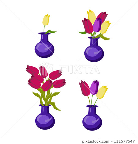Set of bouquets with tulips in vases. Vector illustration isolated on white background. Set of bouquets with tulips in vases. Vector illustration isolated on white background. 131577547