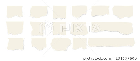Set of torn and ripped paper sheets with rough edges. Realistic vector collection of white notebook pages and note fragments for design, collage, or scrapbook decoration. Set of torn and ripped paper sheets with rough edges. Realistic vector collection of white notebook pages and note fragments for design, collage, or scrapbook decoration. 131577609