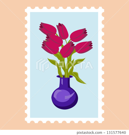 Postage stamp with the image of a bouquet of tulips in a vase. Vector illustration isolated on a beige background. 131577640