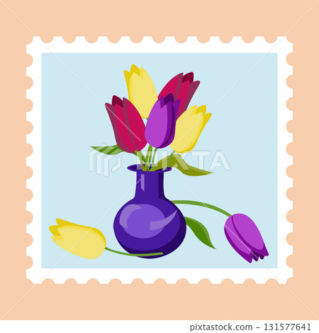 Postage stamp with the image of a bouquet of tulips in a vase. Vector illustration isolated on a beige background. Postage stamp with the image of a bouquet of tulips in a vase. Vector illustration isolated on a beige background. 131577641