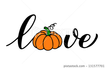 Word love pumpkin calligraphy lettering. Fall decorations. Vector template for poster, flyer, banner, sticker, shirt design, mug, etc. Word love pumpkin calligraphy lettering. Fall decorations. Vector template for poster, flyer, banner, sticker, shirt design, mug, etc. 131577701